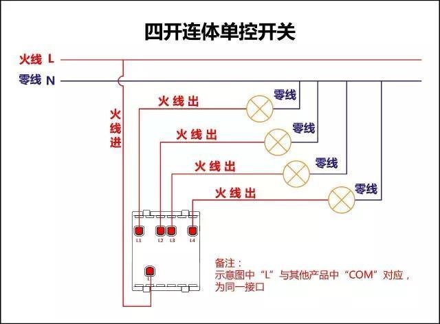 多聯(lián)連體單控開(kāi)關(guān)接線圖